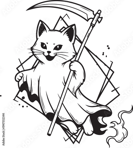 Cat holding scythe in black and white illustration Cat holding scythe