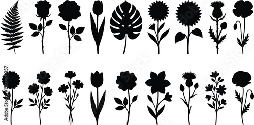 A collection of various black floral silhouettes and leaf designs on a white background for graphic and design use