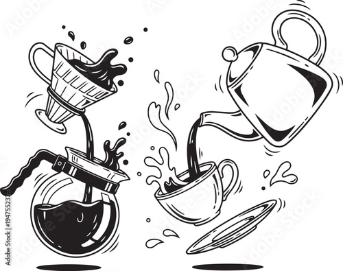 Coffee pouring from teapot and filter into cups coffee