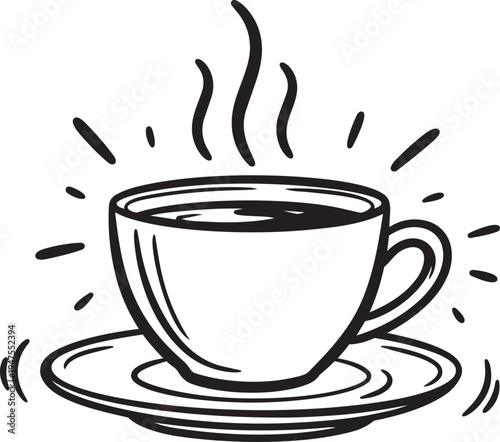 Steaming hot cup of coffee on saucer with rising steam lines coffee cup and saucer