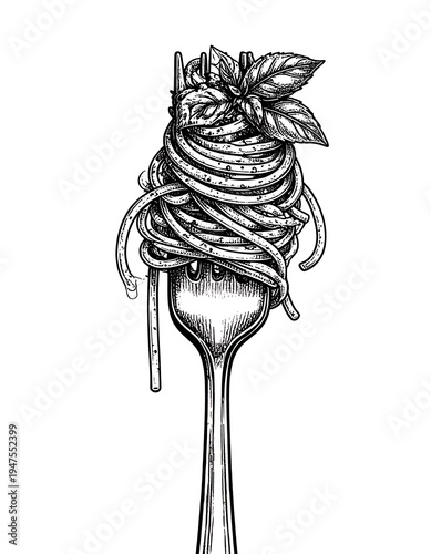 Black and white illustration depicting a fork laden with spaghetti, sauce, and a sprig of fresh basil, isolated against a white background