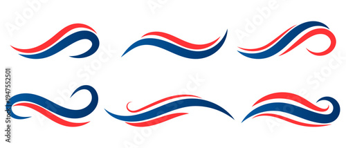 Collection of flowing red and blue ribbon waves with smooth curves and dynamic motion ideal for branding, banners, corporate graphics, and modern design layouts.