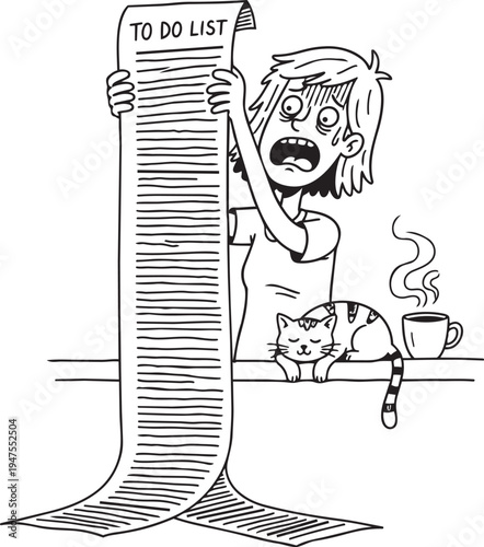 overwhelmed woman holding long to do list with cat and coffee