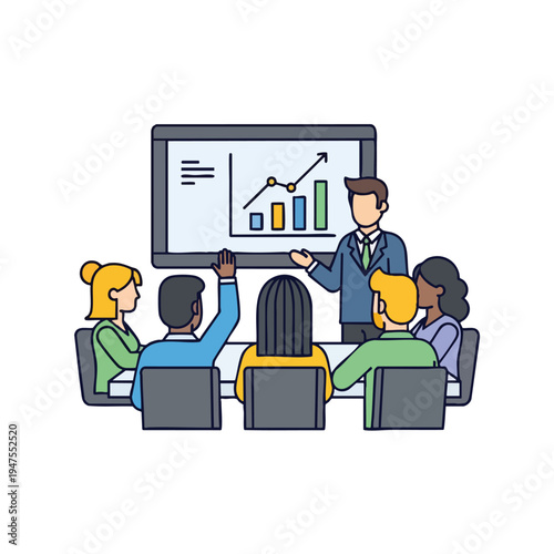 Presentation with upward graph, speaker addresses attendees