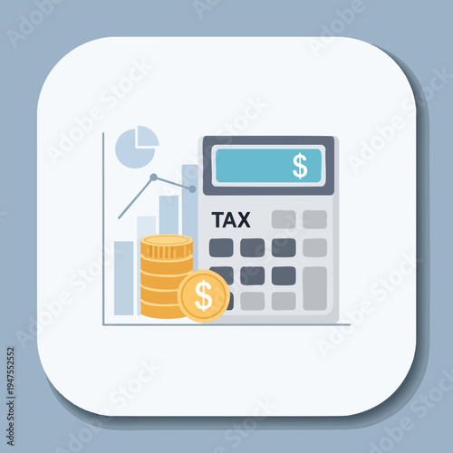 Calculator with coins and graph representing tax calculation