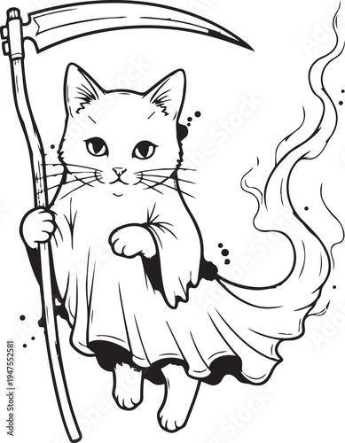 Cat dressed as grim reaper holding scythe smoke coming out tail