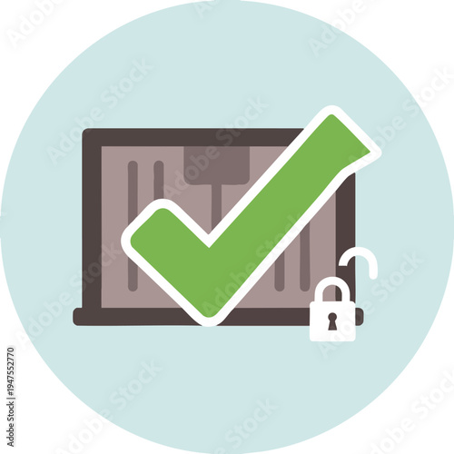 Green checkmark over a secured and unlocked padlock and storage box