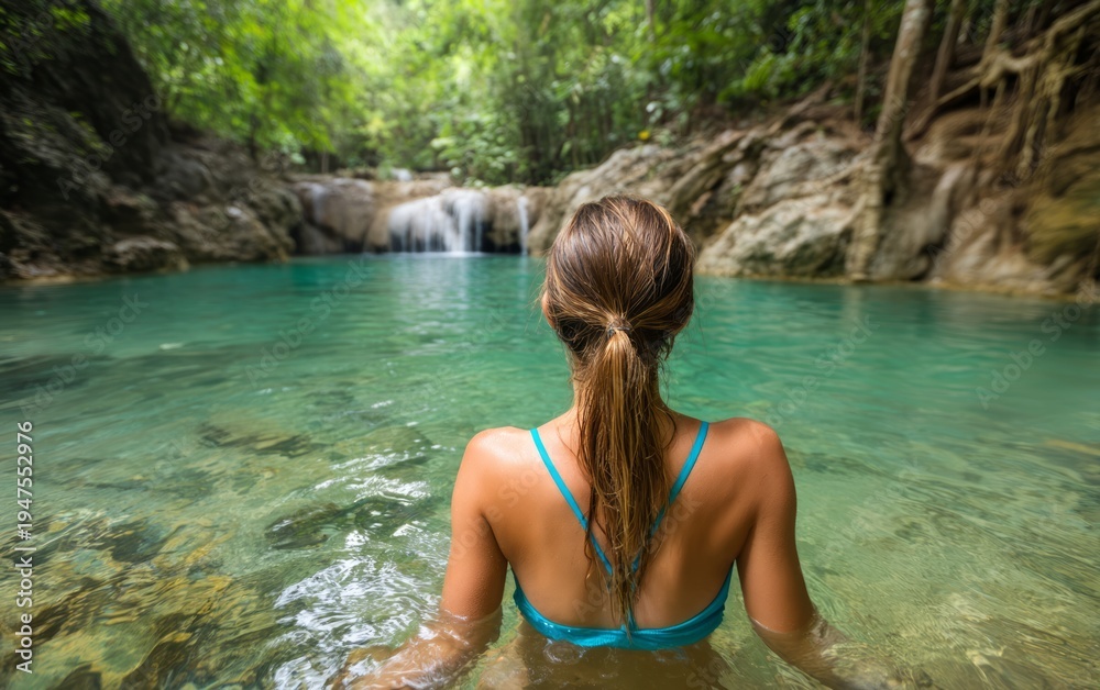 Obraz premium Woman Swimming in Clear Water Surrounded by Jungle