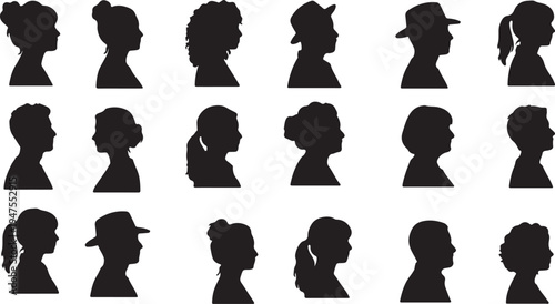 Diverse collection of human head silhouettes in various profiles and hairstyles