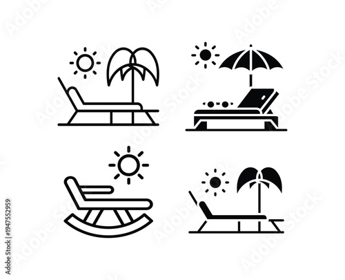 Minimal Beach Lounge Chair Icons Set Summer Vacation Relaxation Vector Illustration