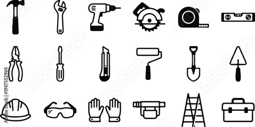 Various construction tools and equipment for building and repair work