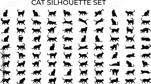 Diverse cat silhouettes in various poses and designs