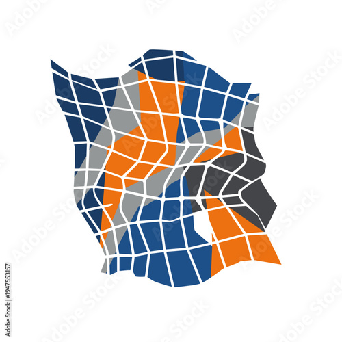Abstract illustration of a dented geometric mesh pattern in blue, orange, and gray, isolated on a white background
