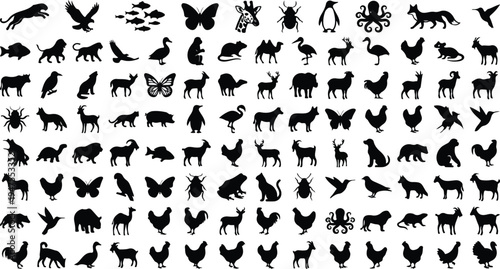 Comprehensive vector illustration of various animal silhouettes on a white background