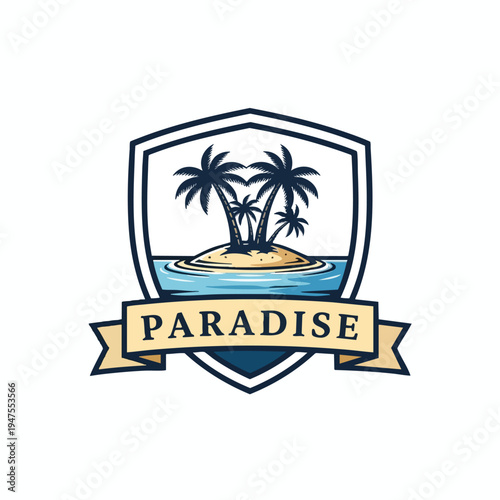 Emblem of a tropical island with palm trees and the word Paradise