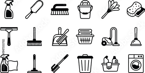 Vector graphic illustration of various cleaning tools and equipment in a simple black and white design style