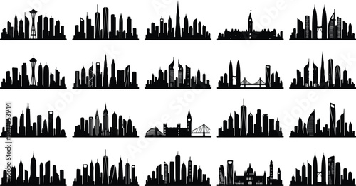 Various black vector city skylines on white background, featuring diverse urban landscapes and architectural designs worldwide.