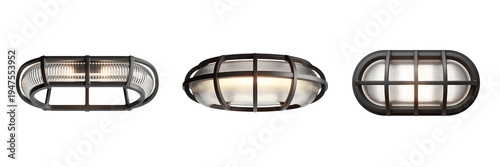Three metal cage light fixtures on transparent background