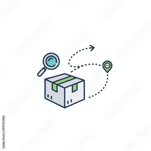 Package delivery tracking with a magnifying glass, dotted line path, and GPS pin
