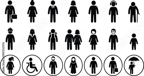 Diverse group of people icons representing various professions and abilities in a vector graphic illustration