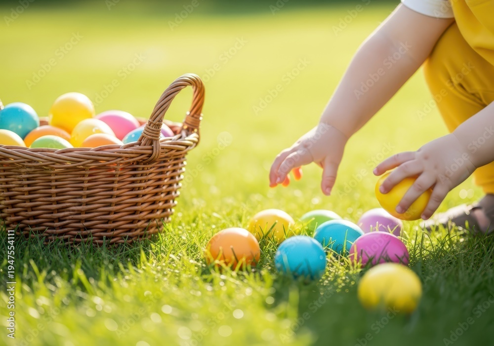 Fototapeta premium Child picking up colorful easter eggs from a basket on a sunny grassy field