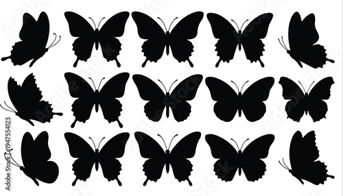 A set of black butterfly silhouettes in various flying positions and shapes on a white background illustration