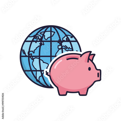 Pink piggy bank leans against a stylized blue globe with grid lines