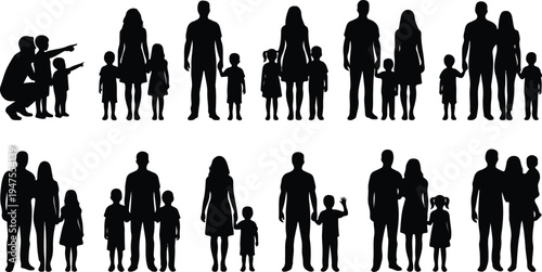 Diverse family silhouettes in various poses and sizes on white background