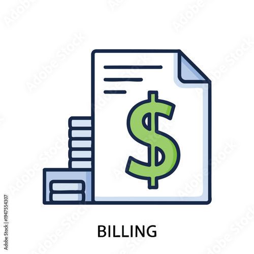 A document with a dollar sign and stacked papers implies financial transactions