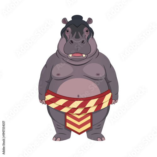 Chubby cartoon hippopotamus wearing a sumo wrestler's mawashi and topknot