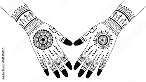 A black and white line art illustration of two hands with intricate henna designs on the palms and fingers.