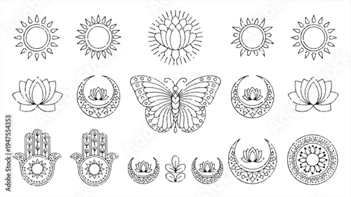 A collection of intricate mandala designs and symbols including sun lotus butterfly and hamsa hand in a decorative pattern