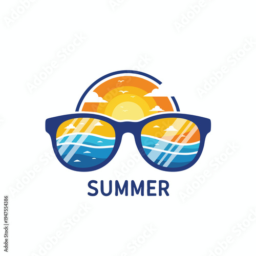 Dark blue sunglasses reflect a colorful sunset over the ocean