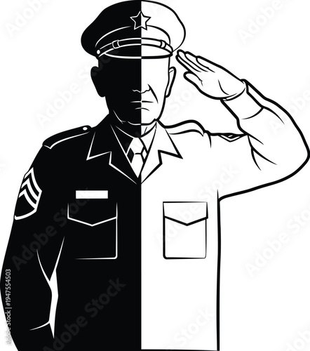 Police officer saluting divided black and white Vector
