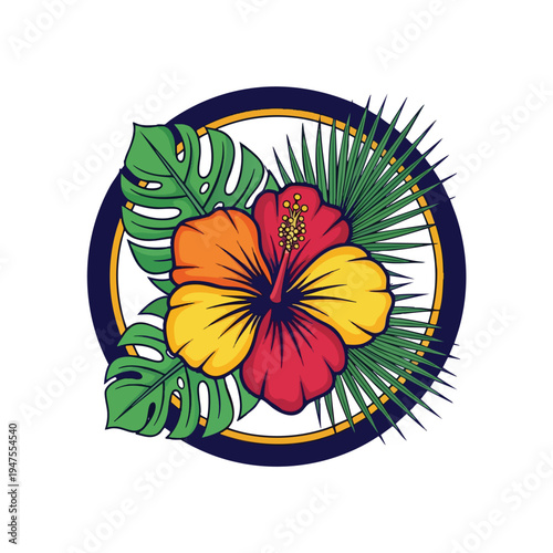 Tropical hibiscus flower with monstera and palm leaves in a circular frame