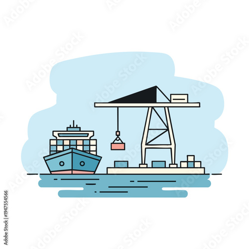 A graphic of a cargo ship at a port with a crane loading containers onto a dock