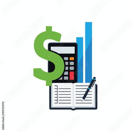 Graphic showing a calculator, notepad, pen, bar graph, and dollar sign