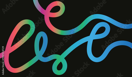 Vibrant Rainbow Gradient Wavy Line Art on Black Background - Minimalist Abstract Continuous Line Squiggle for Modern Dark Mode Design