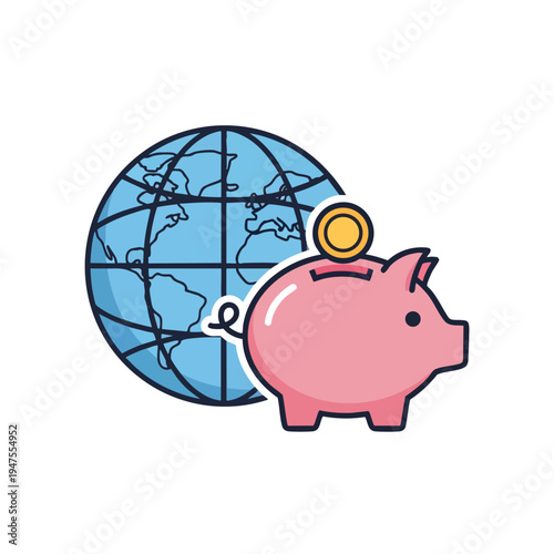 A pink piggy bank with a coin is beside a blue globe with continents