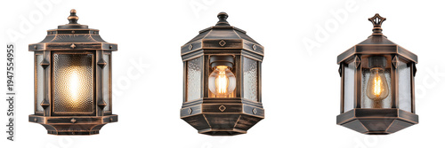 Three outdoor lantern lights with bronze finish and glass panels isolated on transparent background