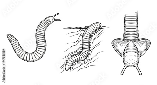 Detailed Black and White Drawings of Worms and Millipedes