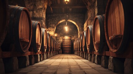 Papier peint photo  Wine cellar with wooden barrels in rustic underground winery aging storage  © TANATPON