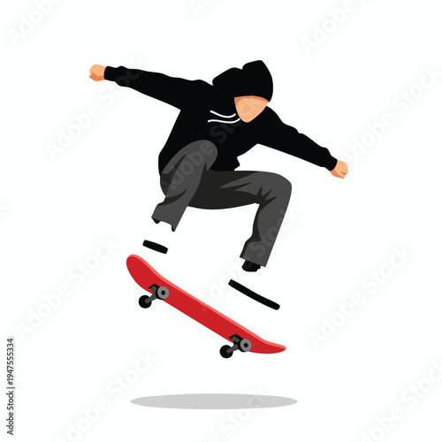 A person in a black hoodie and grey pants jumps with a red skateboard