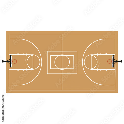 Overhead view of a wooden basketball court with white lines and two hoops