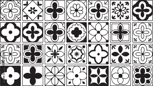 Collection of various black and white square tiles with floral patterns and geometric designs
