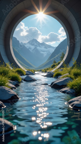Surreal circular stone portal framing a majestic mountain valley with a flowing river and sun rays reflecting on water.