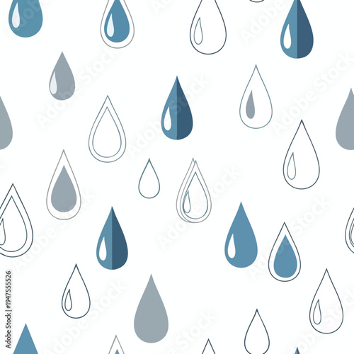 Seamless pattern of blue and gray water drops in various styles on a white background