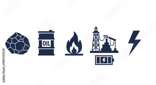 Energy Sources Icons Set Fossil Fuels.