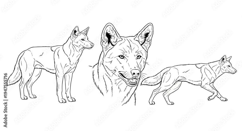 Fototapeta premium Dingoes Outlined in Various Poses