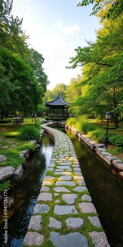 Park waterway with stone path and lush greenery,  garden,  stones